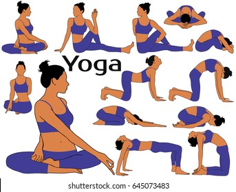 Set of vector silhouettes of girl with colored skin tone in costume stretching her spine in different yoga poses. Shapes of woman practicing yoga exercises to make her body flexible and healthy.