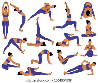 Set of vector silhouettes of girl doing yoga exercises.  Colored icons of flexible woman in costume stretching her body in different yoga poses. Shapes of woman isolated on white background.