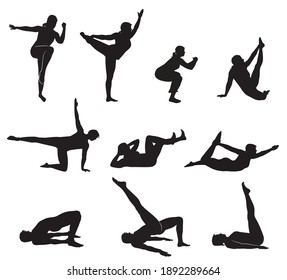 Set of vector silhouettes of girl doing fitness and yoga exercises.  Icons of flexible woman stretching her body in different yoga poses. Black shapes of woman isolated on white background.