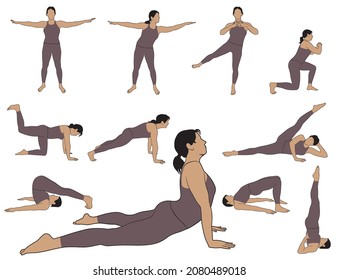 Set of vector silhouettes of girl doing yoga exercises and stretching her body in different yoga poses. Colored illustrations of woman in costume isolated on white background.  