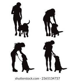 Set of vector silhouettes of girl with her dog on white background. Collection of Labrador Retriever.