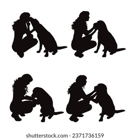 Set of vector silhouettes of girl with her dog on white background. Collection of Labrador Retriever.