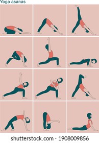 Set of vector silhouettes of a girl in a suit, in different yoga poses on a pink background.