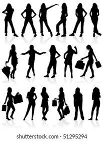 Set vector silhouettes girls with bag, illustration