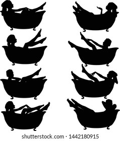 Set of vector silhouettes of girls in the bath with a towel on his head. Icon of a woman in the bath in different poses isolated on white background.