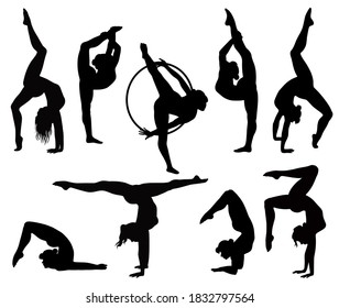 Set of vector silhouettes of girls doing acrobatic poses. Icons of woman in gymnastic pose. Yoga and acrobatic illustration.