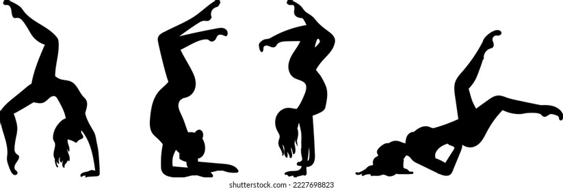 Set of vector silhouettes of girls doing gymnastics handstand. Icons of woman in acrobatic handstands, acrobatic pose. Yoga and acrobatic illustration on white background, vector.