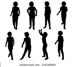  Set of vector silhouettes of girls, standing in different poses, black color, isolated on white background