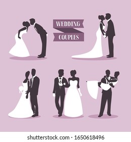 Conjunto de siluetas vectoriales de un novio y una novia.