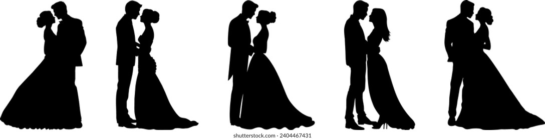 Set of vector silhouettes of a groom and a bride.