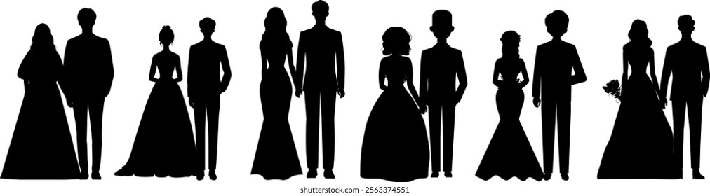 Set of vector silhouettes of a groom and a bride. Wedding design. Vector illustration