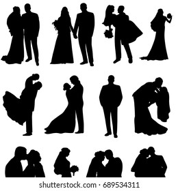 Set of vector silhouettes of a groom and a bride.Just married.