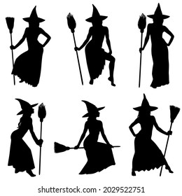 Satz von Vektorsilhouetten von Halloween-Hexen stehen und auf Besenstiel fliegen. Sammlung von schönen sexy Hexen Vektorsymbole für Halloween-Design.