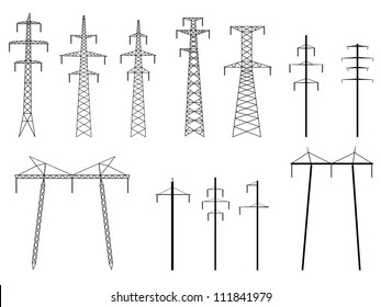 Set Of Vector Silhouettes Of High Voltage Electric Transmission Line Tower, Isolated On White.