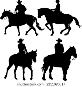 a set of vector silhouettes of horses and people riding them, isolated on a white background.