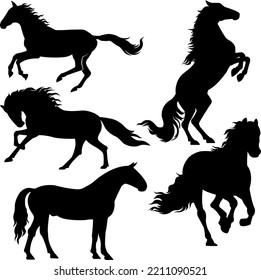 a set of vector silhouettes of horses and people riding them, isolated on a white background.