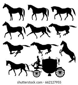 Set of vector silhouettes of horses. Standing, walking, trotting, galloping, rearing horses.