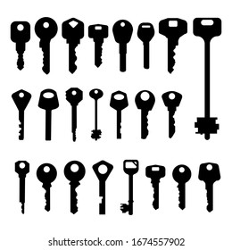 Set of vector silhouettes of keys on a white isolated background.