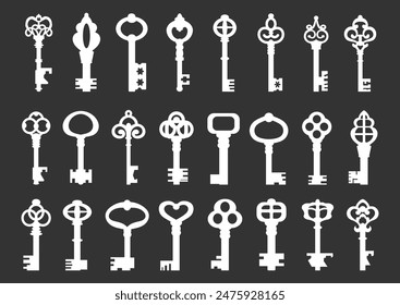 Set of vector silhouettes of keys on a black background.