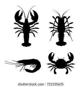 Set of vector silhouettes lobster, crab, spiny lobster and shrimp.