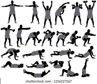 Set of vector silhouettes of man in costume doing fitness and sport workout isolated on white background. Icons of boy practicing exercises in different positions. Active and healthy life concept.