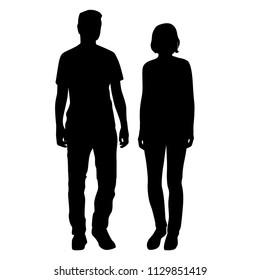 Set vector silhouettes man and woman, business people, couple, standing,  black color, isolated on white background