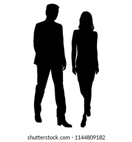 Set vector silhouettes man and woman, business people, couple, walking,  black color, isolated on white background