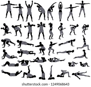 Set of vector silhouettes of man and woman in costume doing fitness, sport and yoga workout isolated on white background.  Icons of sportive boy and girl practicing exercises in different positions.