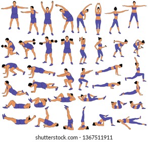 Set of vector silhouettes of man and woman in costume doing fitness, sport and yoga workout isolated on white background.  Icons of sportive boy and girl practicing exercises in different positions.