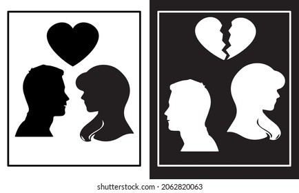 Set of vector silhouettes of a man and woman in love and breaking up, isolated in black on white background.