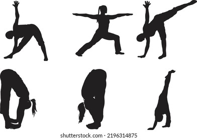 set of vector silhouettes of a man and woman doing fitness, sports, and yoga workouts, isolated on a white background. Icons of sportive girls practicing exercises in different positions.