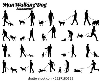 Set of vector silhouettes of men and dogs walking.