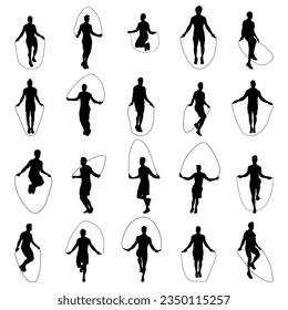 Set of vector silhouettes of men doing jump ropes