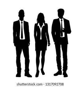 Set of vector silhouettes of  men and a woman, a group of standing business people, black color isolated on white background