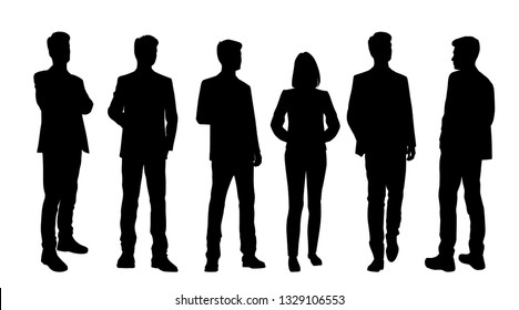 Set of vector silhouettes of  men and a woman, a group of standing business people, black color isolated on white background