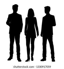 Set of vector silhouettes of  men and a woman, a group of standing business people, black color isolated on white background