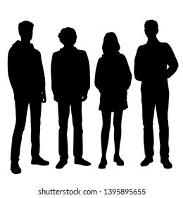 Set of vector silhouettes of  men and a woman, a group of standing business people, black color isolated on white background