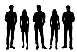 Set Of Vector Silhouettes Of  Men And A Women, A Group Of Standing Business People, Black Color Isolated On White Background