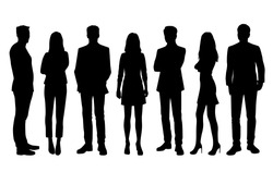Set Of Vector Silhouettes Of  Men And A Women, A Group Of Standing  Business People, Black Color Isolated On White Background