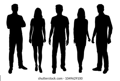 Set of  vector silhouettes  men and women, business people group, different poses,  black color, isolated on white background