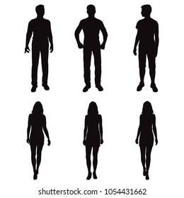 Set vector silhouettes men and women, business people, group , different poses,  black color, isolated on white background