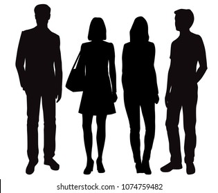 Set vector silhouettes men and women, business people, group , different poses,  black color, isolated on white background