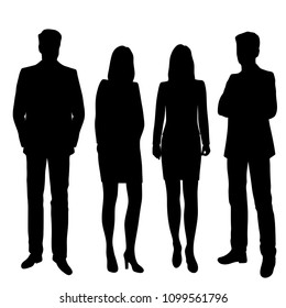 Set vector silhouettes men and women, business people, group, standing, different poses,  black color, isolated on white background