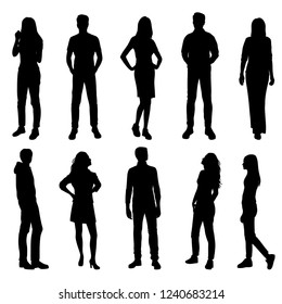 Set of vector silhouettes of  men and a women, a group of standing business people, black color isolated on white background