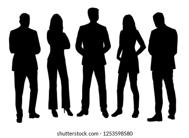 Set of vector silhouettes of  men and a women, a group of standing business people, black color isolated on white background