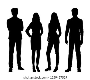 Set of vector silhouettes of men and a women, a group of standing business people, black color isolated on white background Set of vector silhouettes of men and a women, a group of standing business people, black color isolated on white background