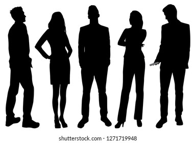 Set of vector silhouettes of  men and a women, a group of standing business people, black color isolated on white background