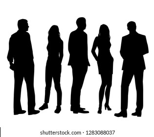 Set of vector silhouettes of  men and a women, a group of standing business people, black color isolated on white background