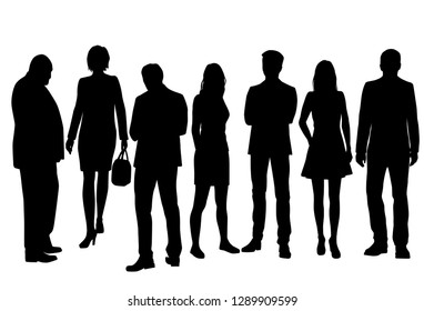 Set of vector silhouettes of  men and a women, a group of standing business people, black color isolated on white background