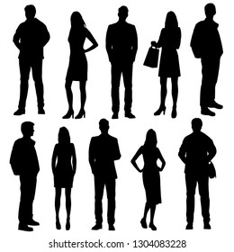 Set of vector silhouettes of  men and a women, a group of standing business people, black color isolated on white background